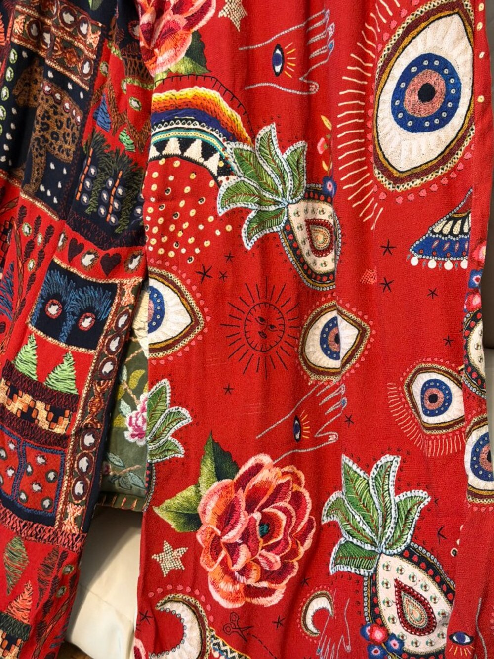 FARM Rio Mystic Red Mixed Print Wide Leg Pants Medium Boho Evil Eye - Picture 6 of 15